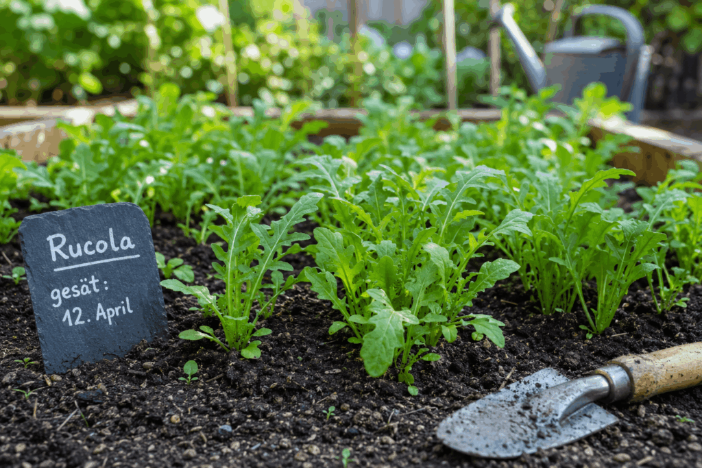 Rucola pflanzen im Gemüsebeet – junge Rucolapflanzen wachsen in lockerer Erde neben Pflanzschild und Gartenwerkzeug