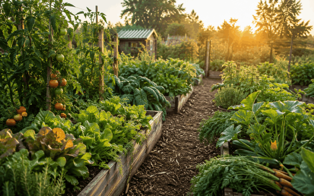 Selbstversorger Garten mit üppigen Gemüsebeeten und einem Gartenweg im warmen Morgenlicht