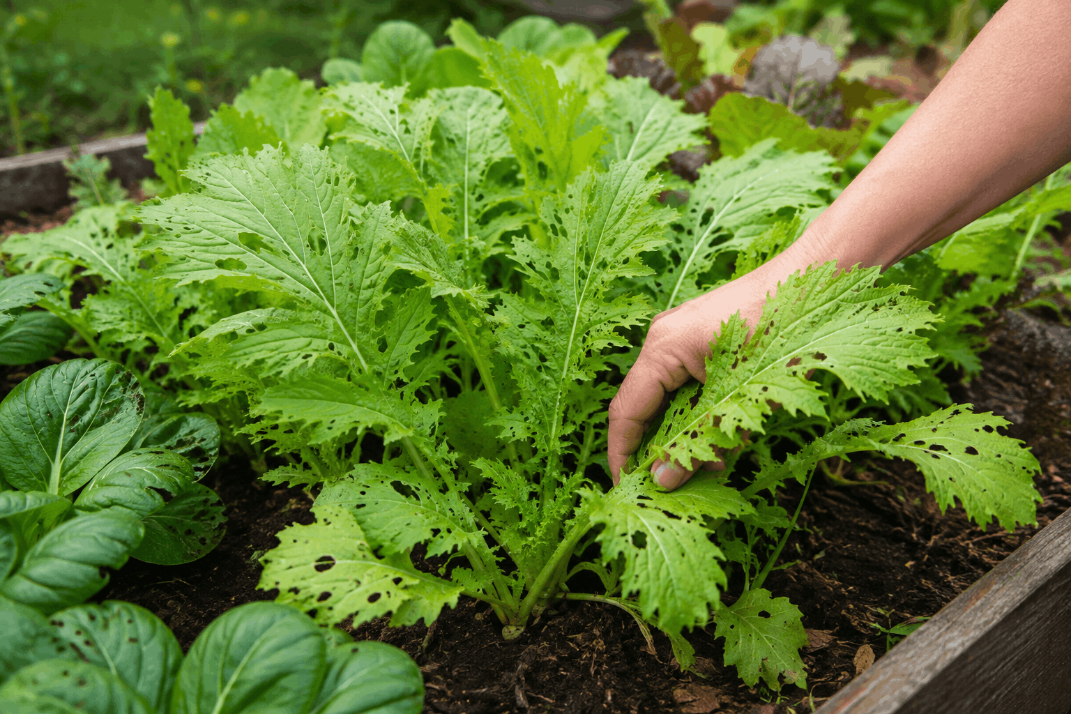 Asia-Salat anbauen mit leicht von Erdflöhen gelochten Blättern bei der Ernte im Gemüsebeet