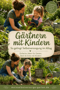Gärtnern mit Kindern – Pinterest Pin zur Selbstversorgung mit Gemüse, Beet und gemeinsamer Ernte im Familiengarten