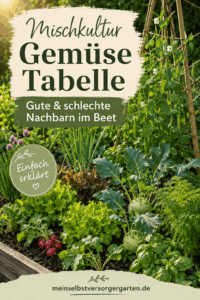 Mischkultur Gemüse Tabelle – Pinterest Pin mit guten und schlechten Nachbarn im Gemüsebeet