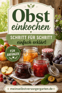 Obst einkochen Schritt für Schritt – Pinterest-Pin mit Einkochgläsern, Äpfeln, Beeren und Anleitung für Anfänger