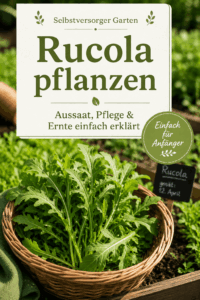 Rucola pflanzen – Pinterest-Pin mit frisch geerntetem Rucola im Korb und Tipps zu Aussaat, Pflege und Ernte