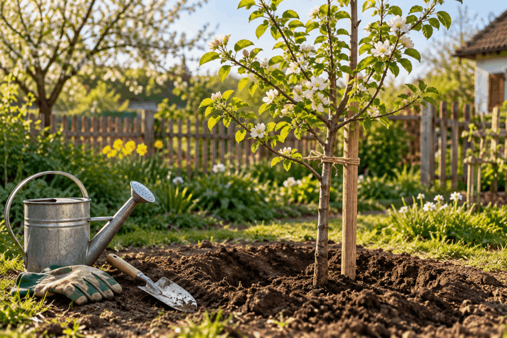Apfelbaum pflanzen – junger Apfelbaum an einem sonnigen Standort im Garten