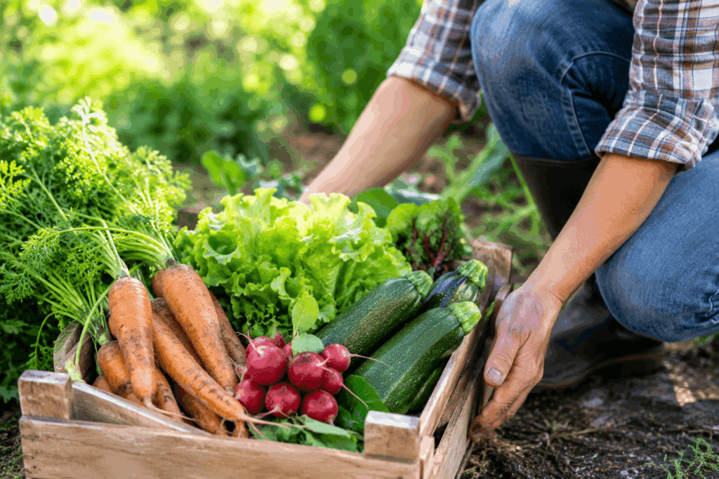 Gemüse anbauen im Oktober – frische Möhren, Radieschen, Salat und Zucchini bei der herbstlichen Ernte im Gemüsegarten