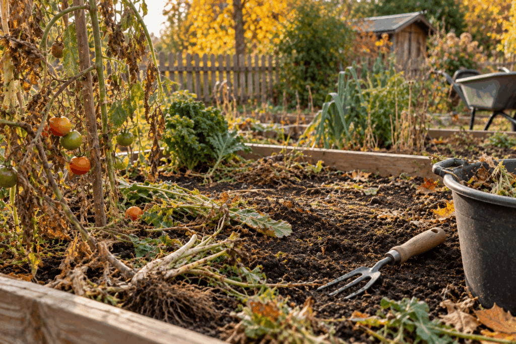 Gemüsebeet im Herbst vorbereiten – abgeerntetes Gemüsebeet mit Pflanzenresten, freiem Boden und Herbstlaub