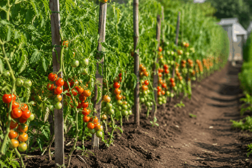 Herbstgemüse anbauen – Gemüsegarten im Spätsommer mit reifenden Tomaten vor der Herbstbepflanzung