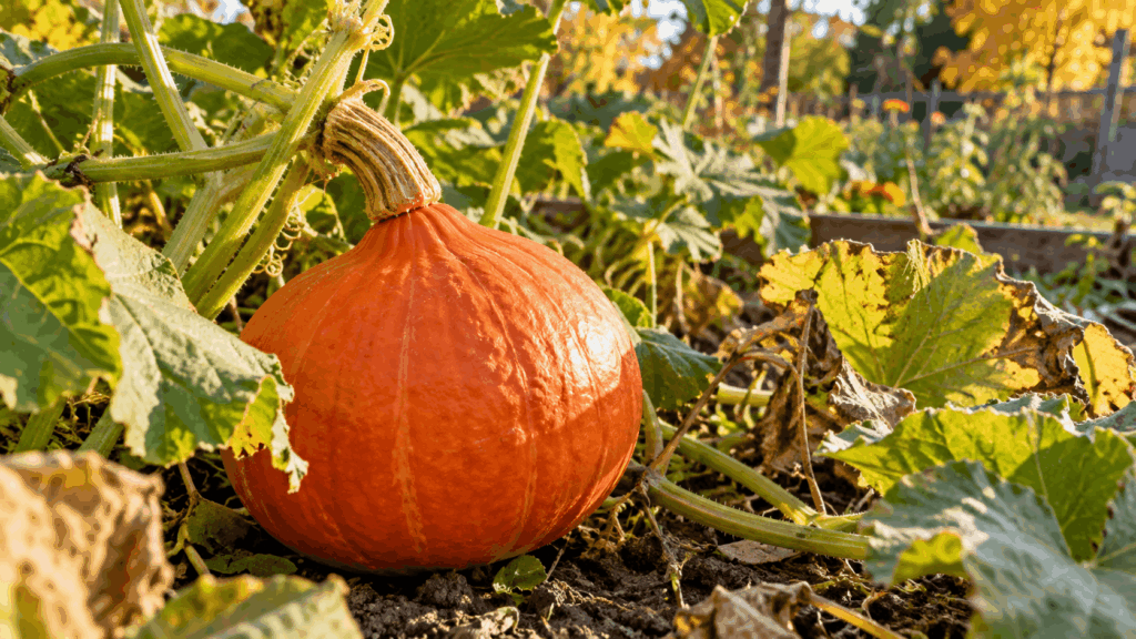 Kürbis ernten – reifer orangefarbener Hokkaido im herbstlichen Gemüsegarten