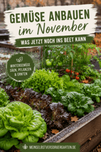 Gemüse anbauen im November – Pinterest-Pin mit Wintergemüse im Beet und Tipps zum Säen, Pflanzen und Ernten