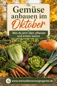 Gemüse anbauen im Oktober – Pinterest Pin mit Herbstgemüse, Kürbis, Möhren, Roter Bete, Salat und Lauch